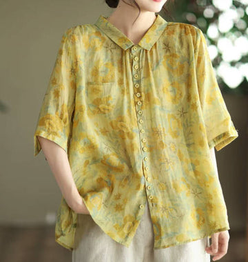 Vintage Tencel Ramie Lightweight  Floral Cotton Linen Short-Sleeve Shirt
