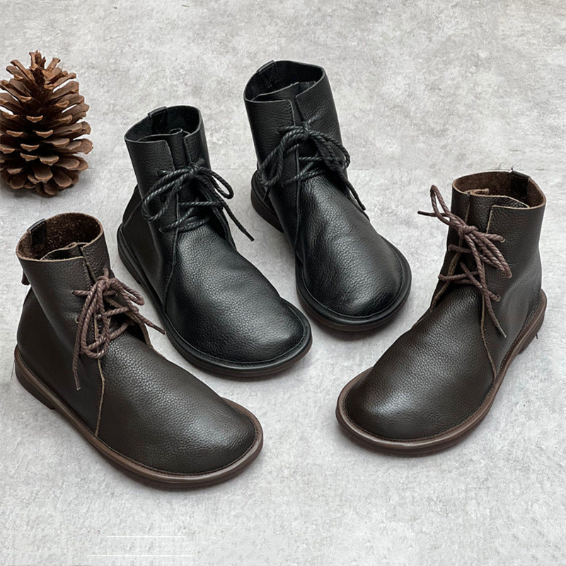 Vintage Leather Soft Sole Comfy Lace-Up Flat Ankle Boots
