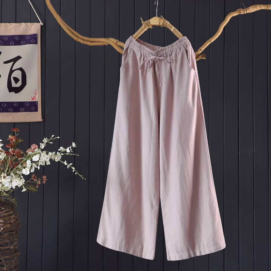Spring Ramie Cotton Solid Color Elastic Waist Casual Loose Soft Pants