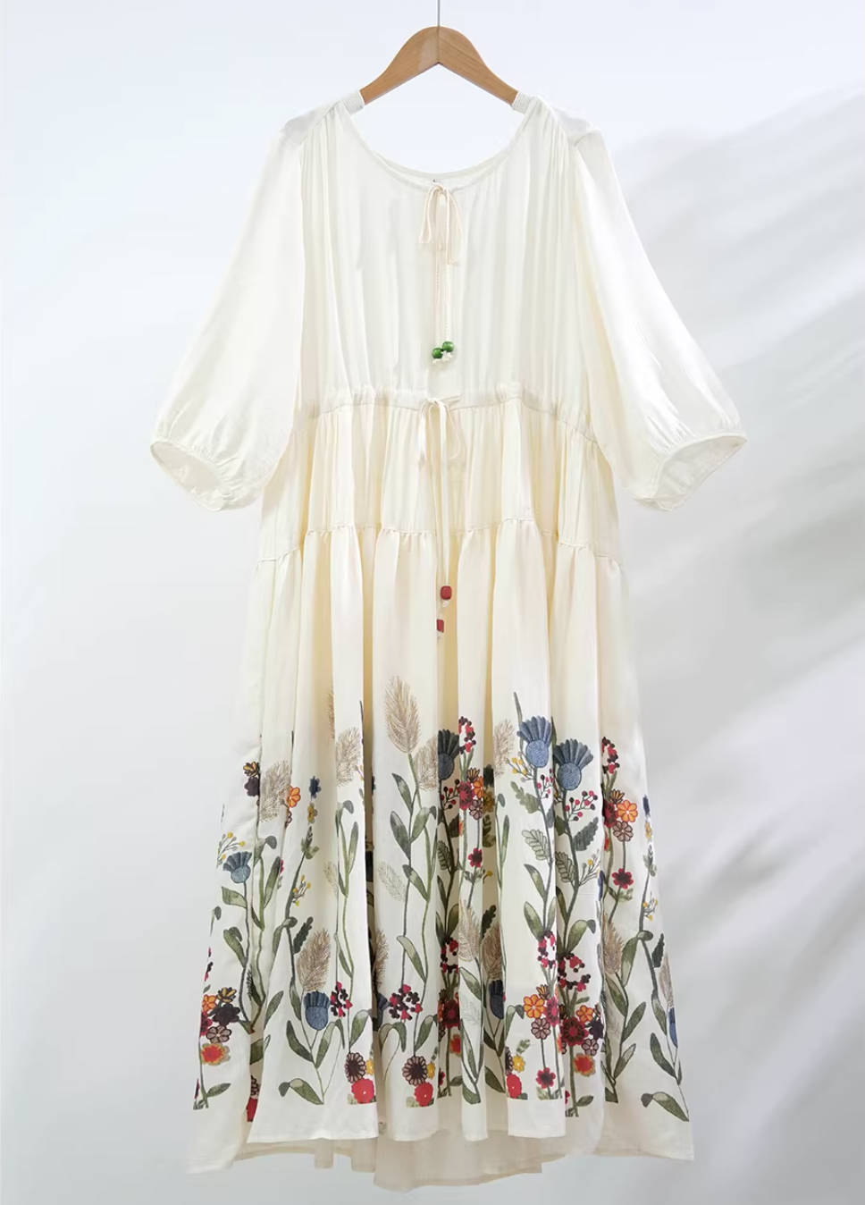 Vacation Cotton Linen Round Neck Lace-Up Printed Soft Dress
