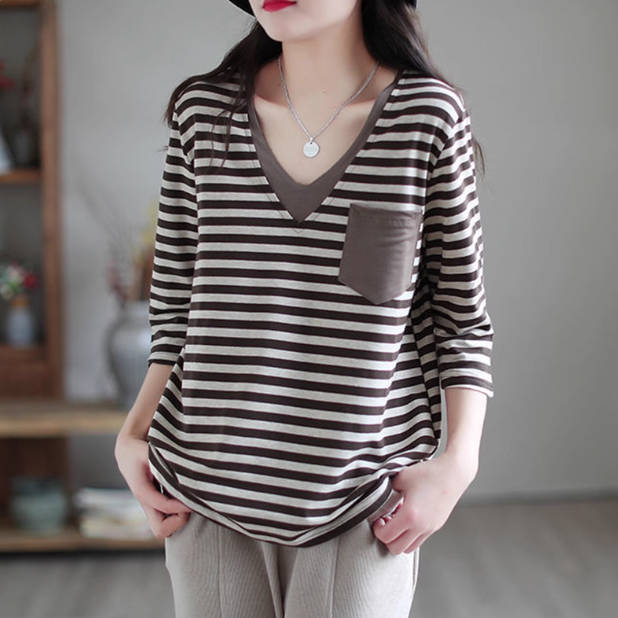 100% Cotton V-Neck Striped Pocket 3/4 Sleeves Pullovers