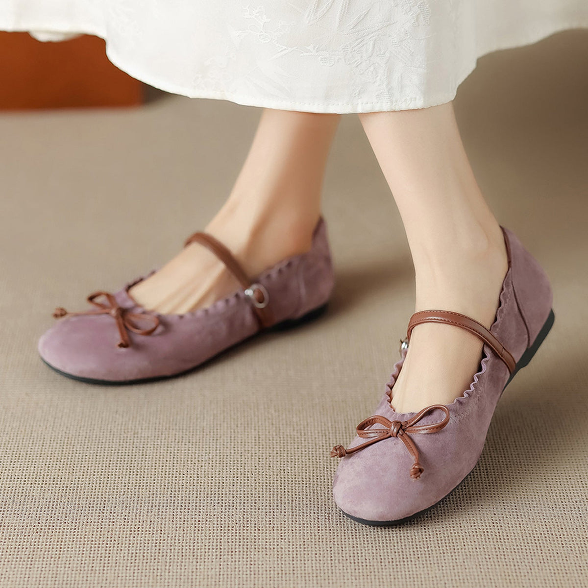 Spring Sheepskin Leather Sueded Bow One Straped Soft Sole Flat Shoes