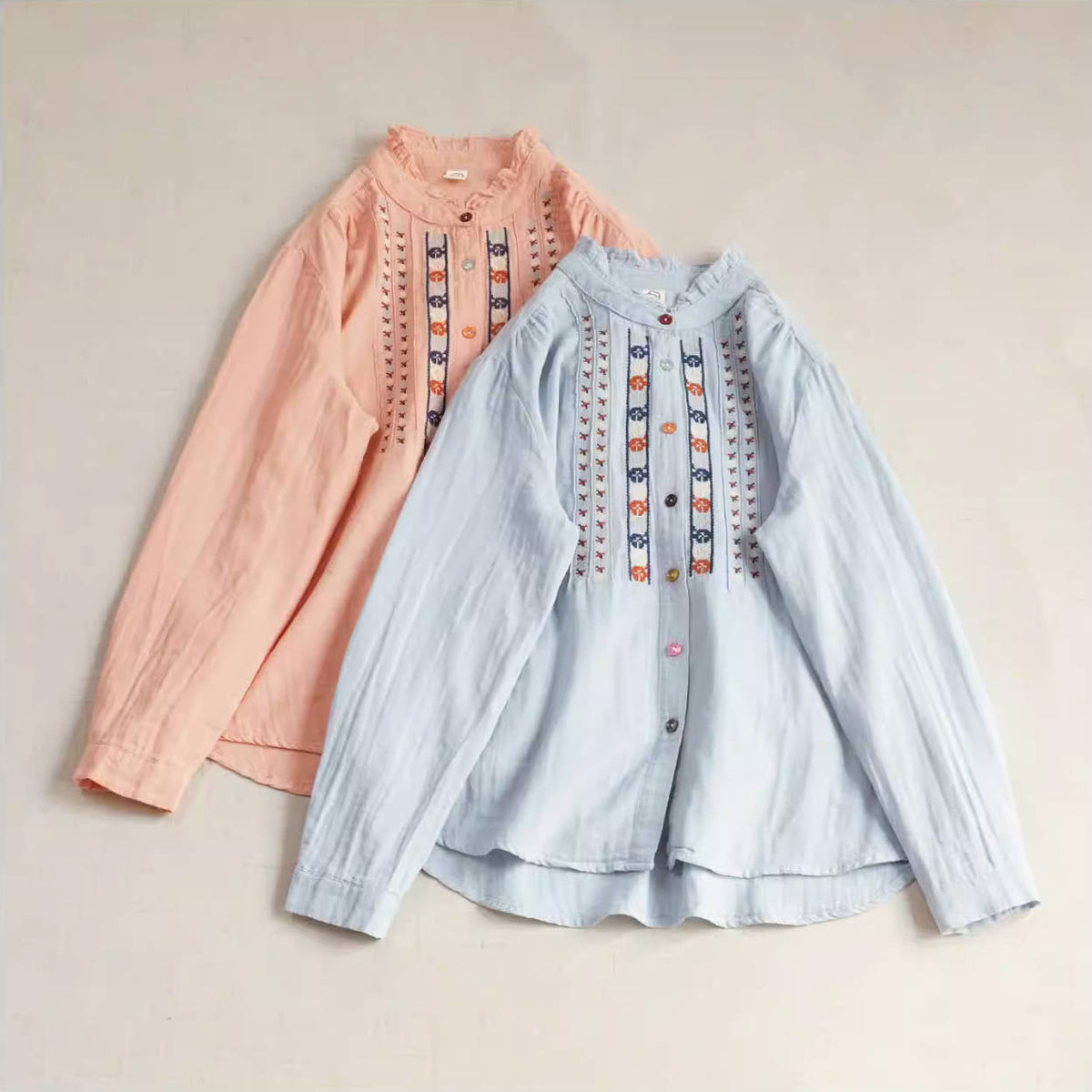 Retro Spring Cotton Embroidered Ruffled Neck Loose Casual Shirt