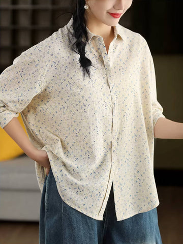 Spring Retro Linen Cute Floral Printed Loose Long Sleeves Shirt