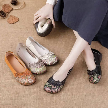 Spring Leather Floral Printed Patchwork Elegant Casual Slip-Ons