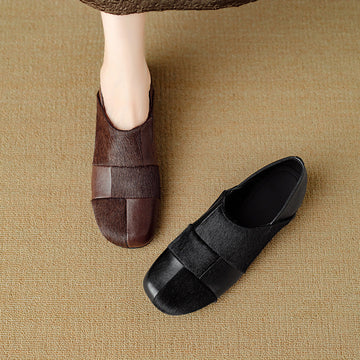 Retro Sheepskin Leather Patchwork Horsehair Chunky Plus Size Slip-Ons