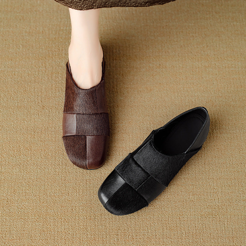 Retro Sheepskin Leather Patchwork Horsehair Chunky Plus Size Slip-Ons