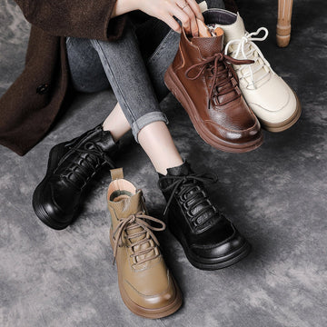 Casual Leather Thick Soft Sole Lace-Up Versatile Ankle Boots