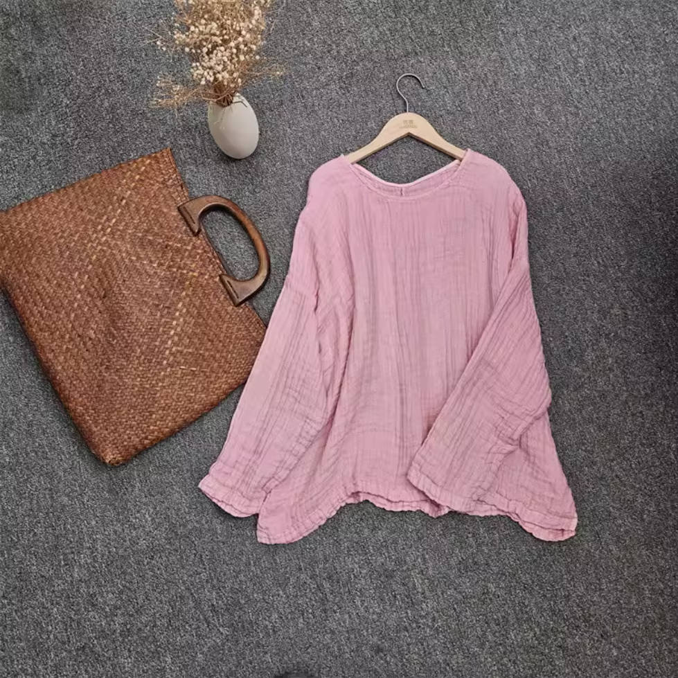 Spring Loose Linen Round Neck Casual Versatile Thin Tops