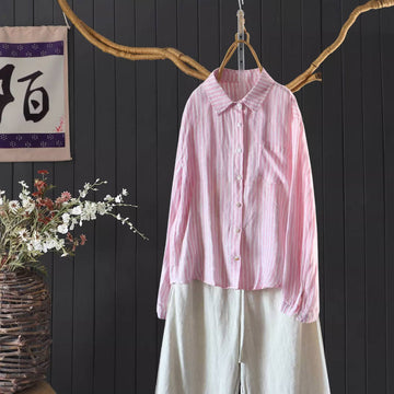 Spring Linen Thin Soft Striped Slim Lapel Single-Breasted Shirt