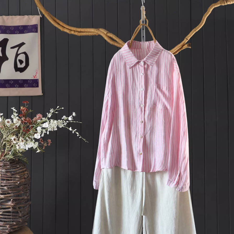 Spring Linen Thin Soft Striped Slim Lapel Single-Breasted Shirt