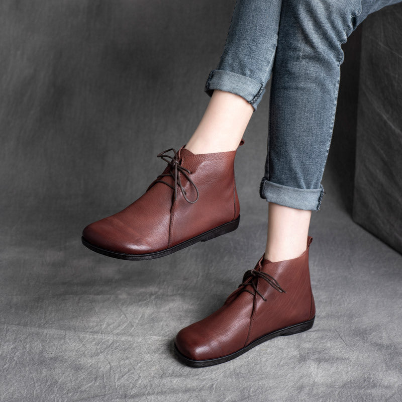 Retro Leather Soft Flat Sole Lace-Up Everyday Ankle Boots