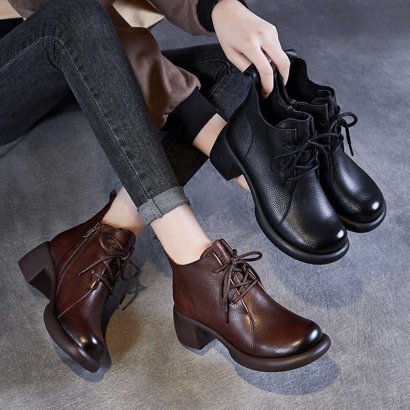 Retro Leather Chunky Elegant Lace-Up Zipper Ankle Boots