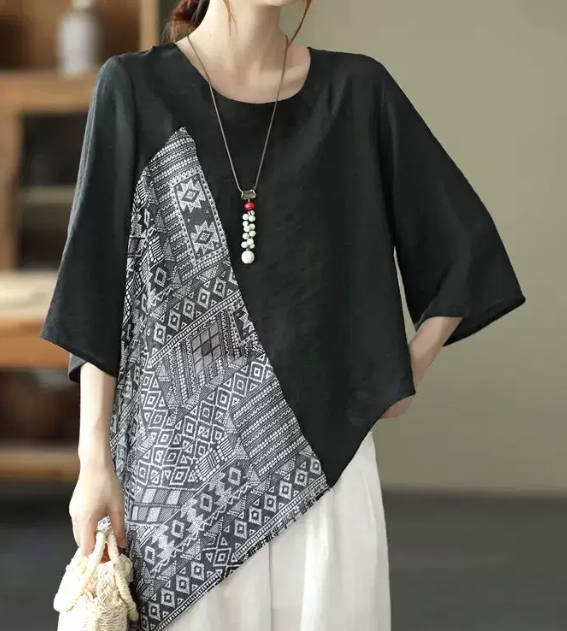 Spring Bohemian Linen Loose Patchwork Round Neck Top