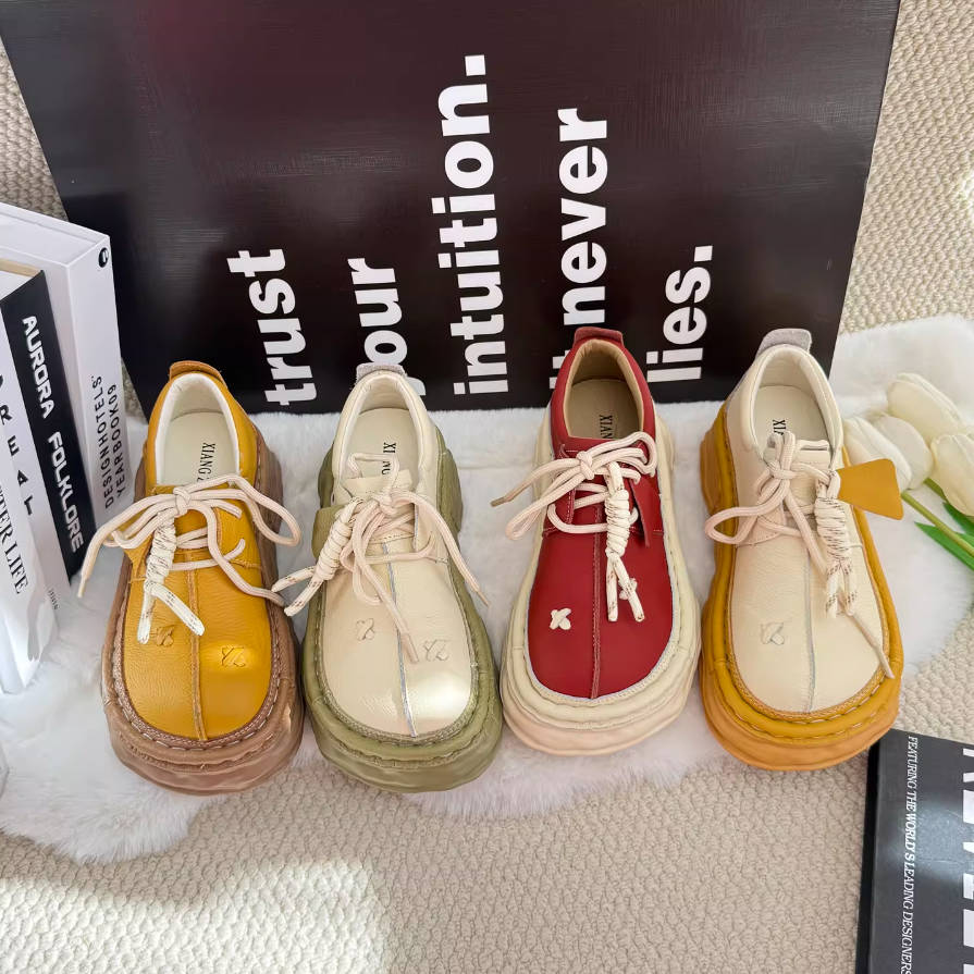 Top Leather Retro Thick Soft Sole Casual Lace-Up Flat Shoes