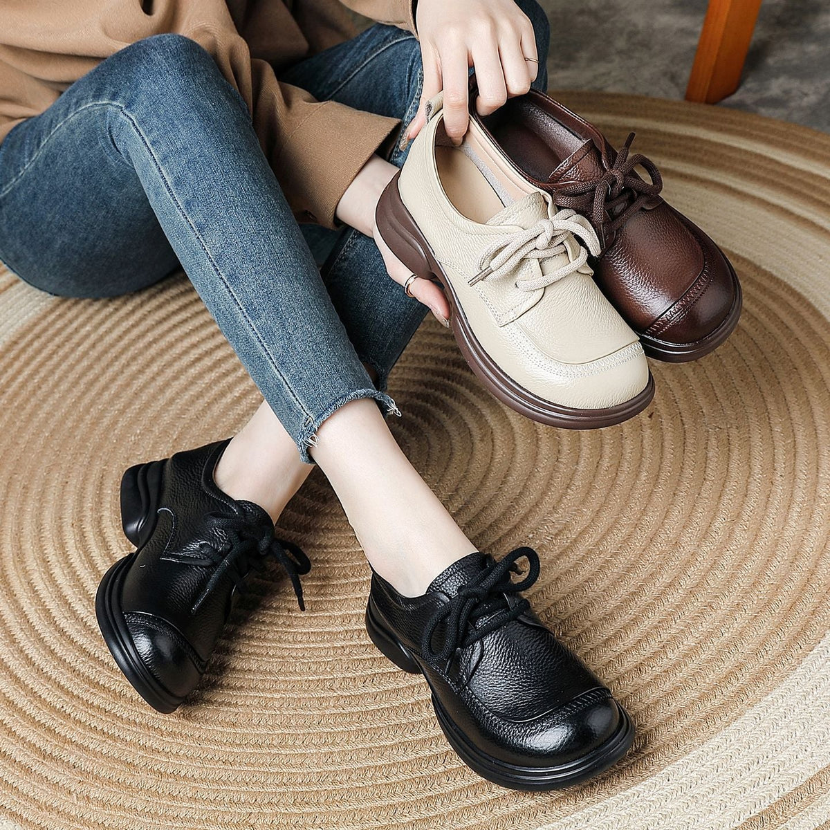 Retro Spring Leather Round Toe Soft Thick Sole Lace-Up Casual Shoes