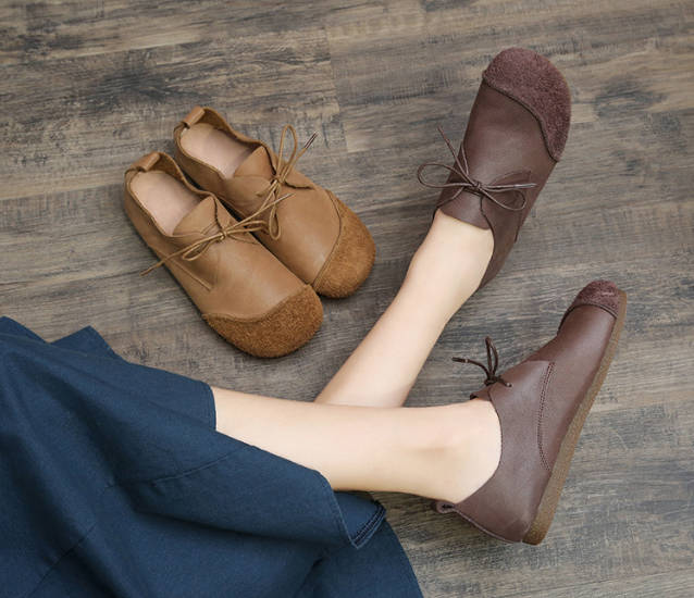 Vintage Genuine Leather Round Toe Casual Lace-Up Soft Flat