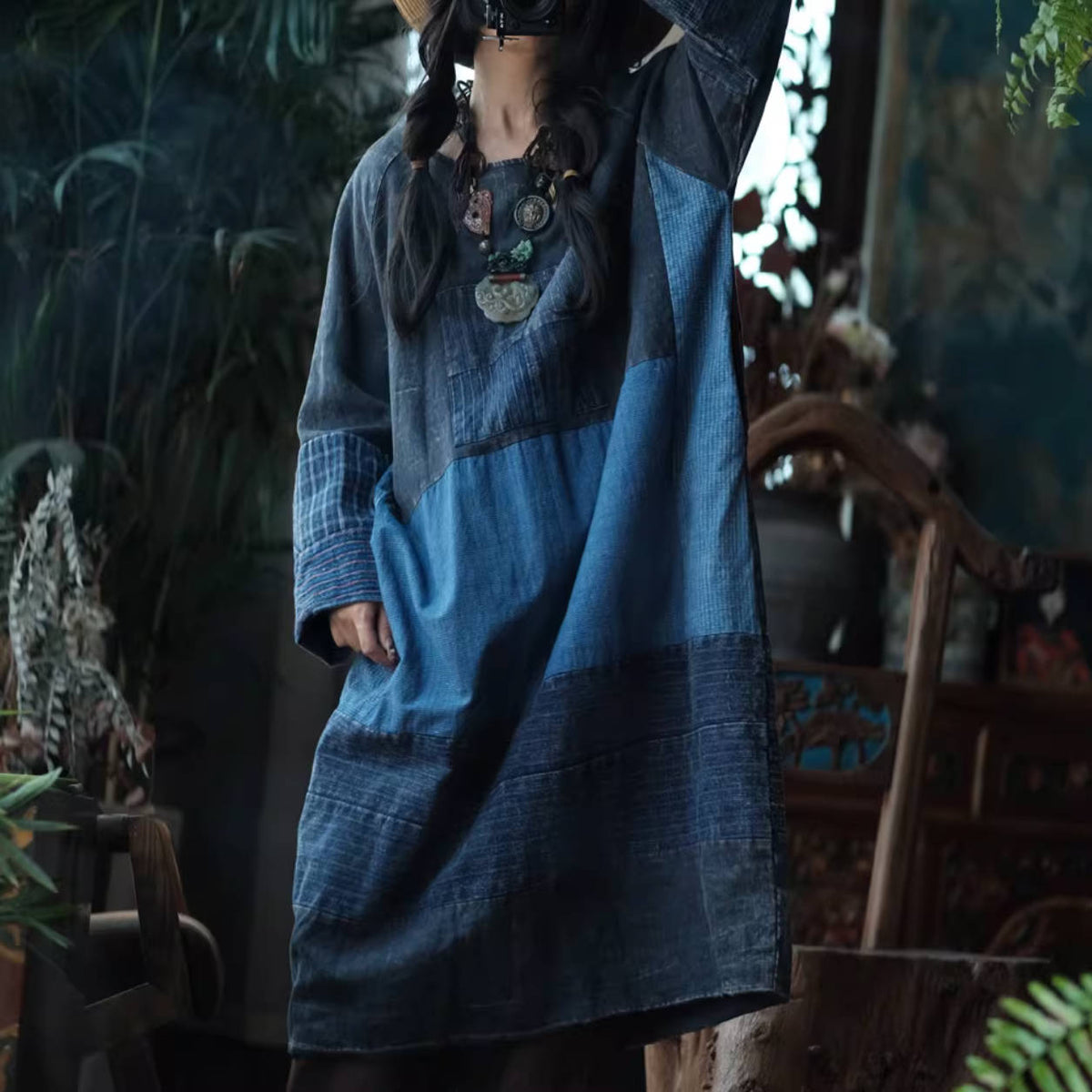 Spring Retro Cotton Patchwork Round Neck Long Sleeves Dress