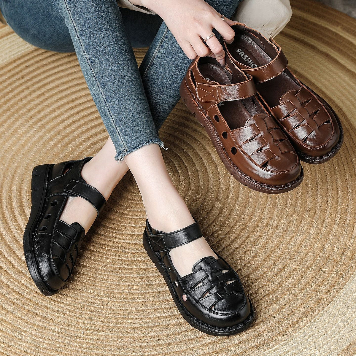 Spring Retro Leather Cut Out One Straped Velcro Soft Sole Flats