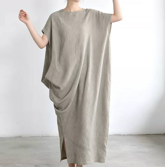 Vintage Irregular Linen Maxi Round Neck Batwing Sleevee Dress