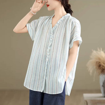 Stylish Linen Ruffled V-Neck Striped Blue Slim Thin Tops