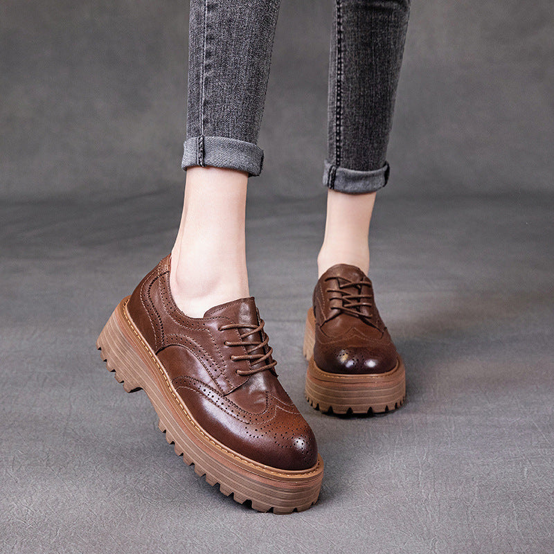 Retro Top Leather Round Toe Thick Sole Platform Flat Shoes