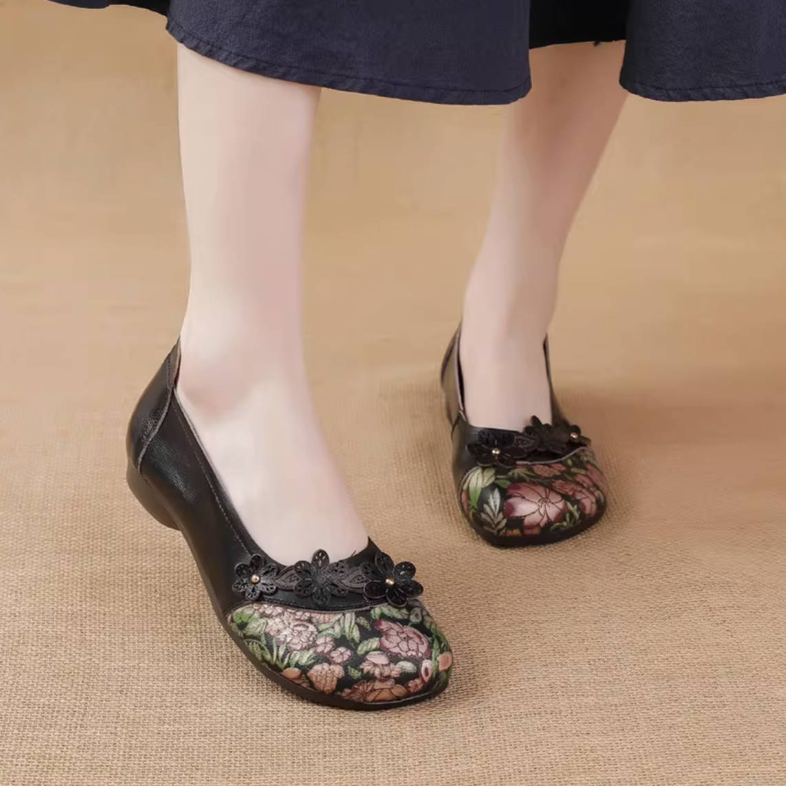 Spring Leather Floral Printed Patchwork Elegant Casual Slip-Ons