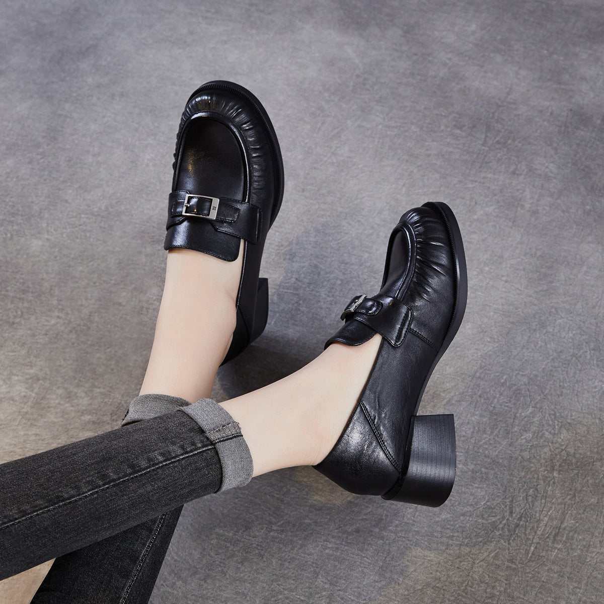 Vintage Leather Elegant Chunky One Straped Low Heel Loafers