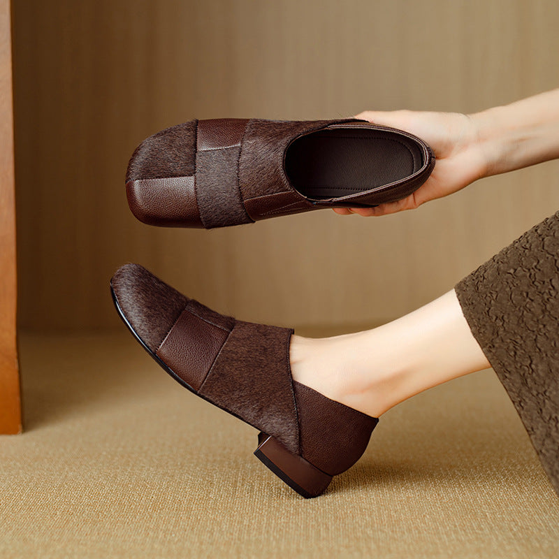 Retro Sheepskin Leather Patchwork Horsehair Chunky Plus Size Slip-Ons