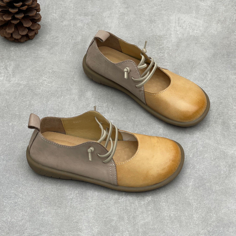 Summer Leather Patchwork Round Toe Lace Up Soft Flat Sole Sandals