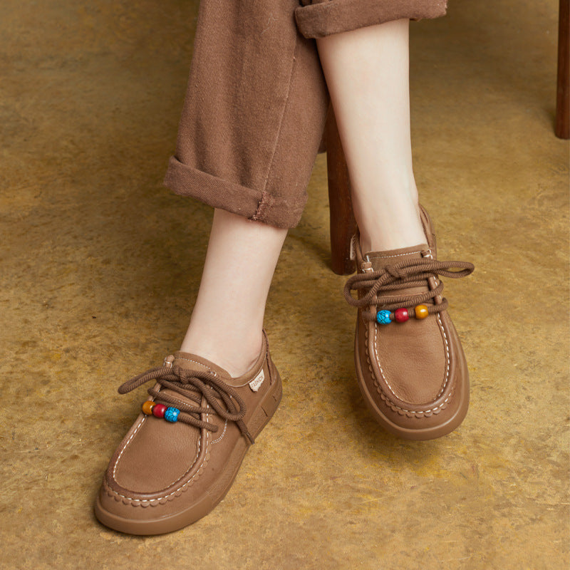 Vintage Leather Round Toe Soft Flat Sole Loafer Lace Up Shoes