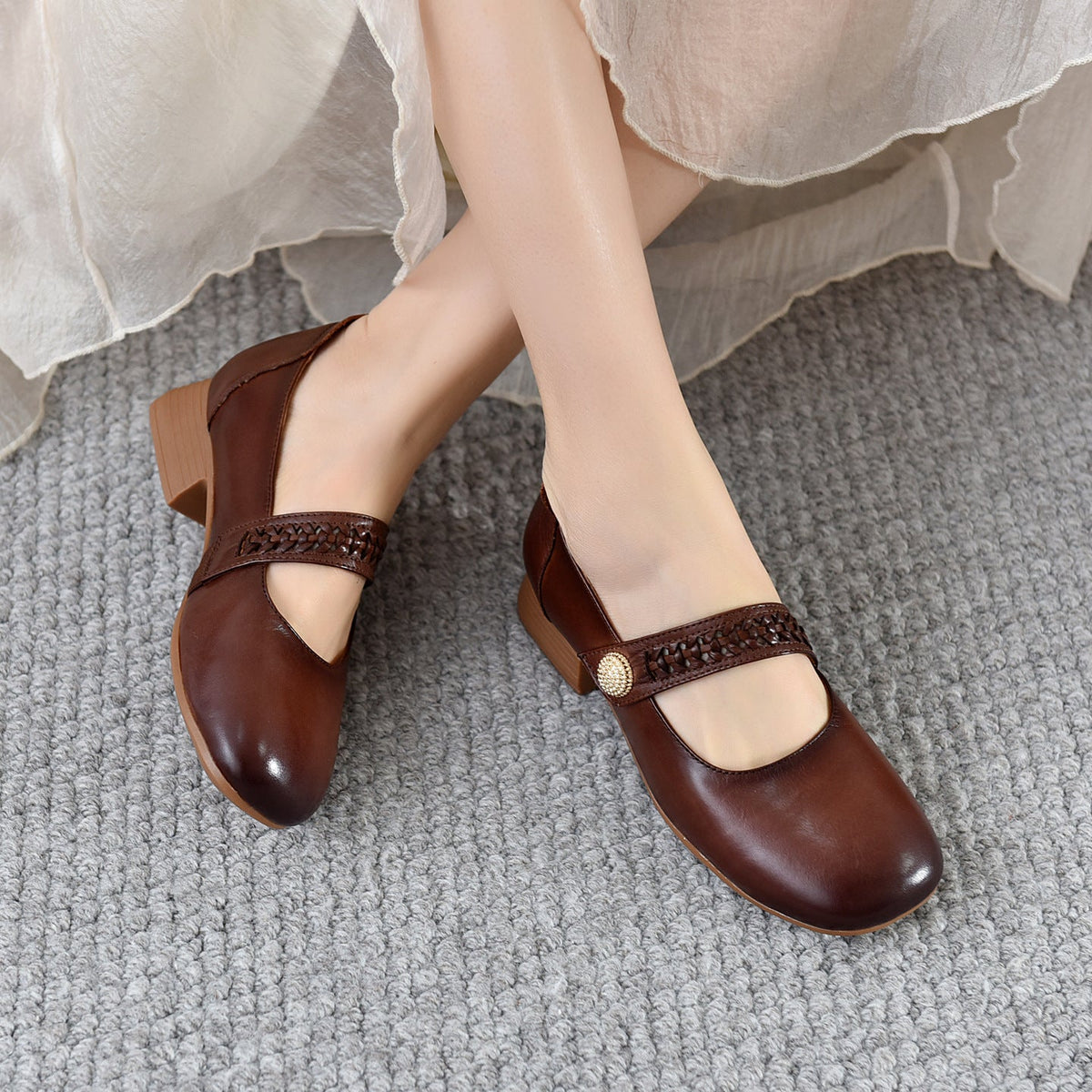 Spring Leather Elegant Round Toe One Straped Velcro Chunky Shoes