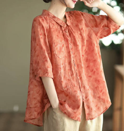 Vintage Tencel Ramie Lightweight  Floral Cotton Linen Short-Sleeve Shirt