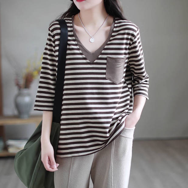 100% Cotton V-Neck Striped Pocket 3/4 Sleeves Pullovers