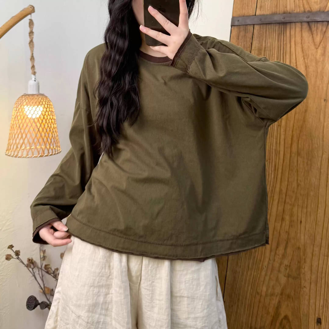 Spring Cotton Knitted Patchwork Round Neck Loose Versatile Tops