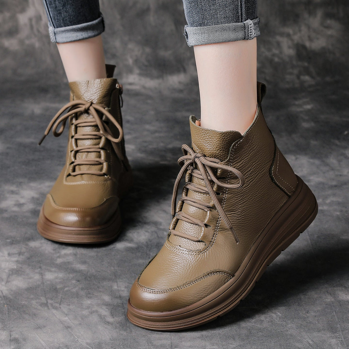 Casual Leather Thick Soft Sole Lace-Up Versatile Ankle Boots