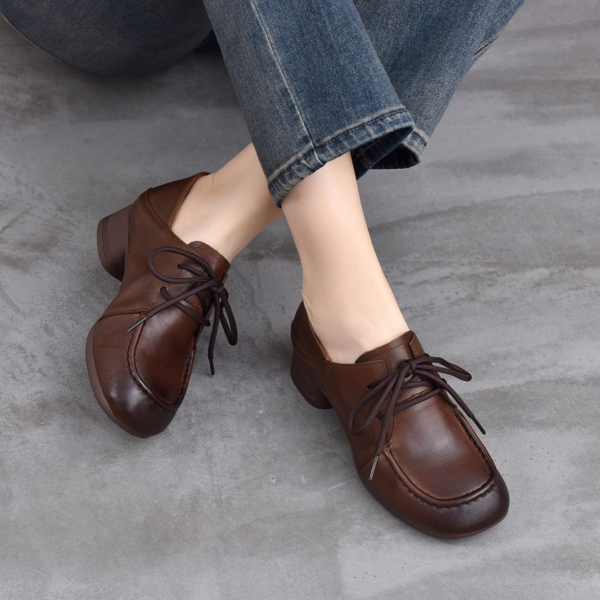 Spring Leather Elegant Low Heels Lace-Up Casual Soft Sole Shoes