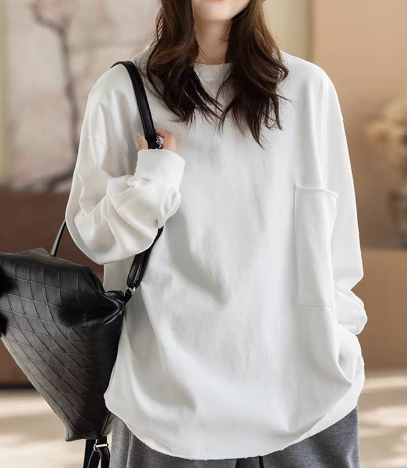 Casual Cotton Solid Color Round Neck Curling-Up Loose Tops