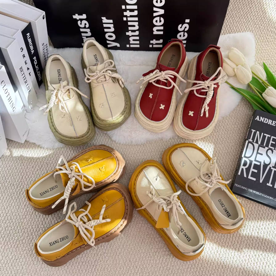 Top Leather Retro Thick Soft Sole Casual Lace-Up Flat Shoes