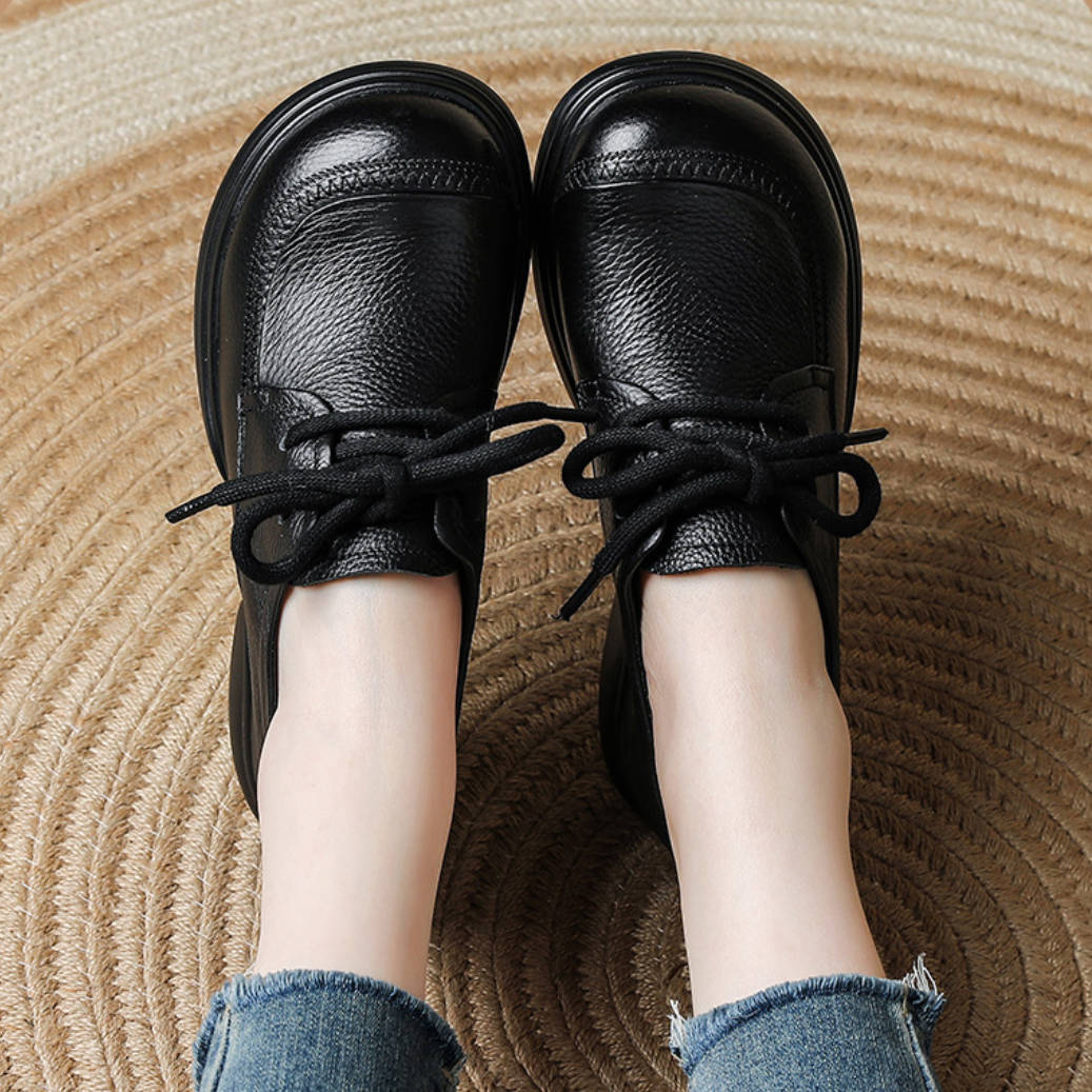Retro Spring Leather Round Toe Soft Thick Sole Lace-Up Casual Shoes