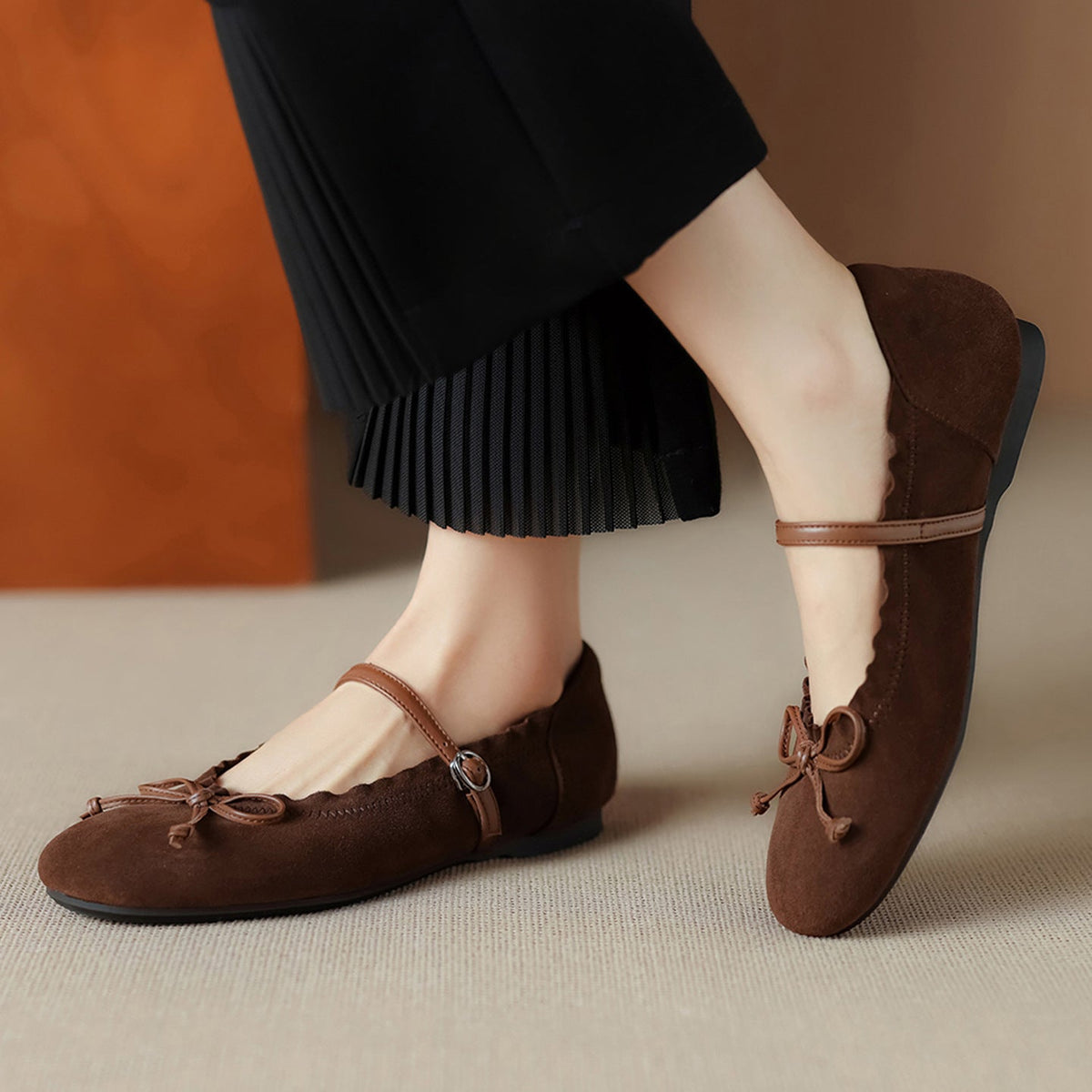 Spring Sheepskin Leather Sueded Bow One Straped Soft Sole Flat Shoes