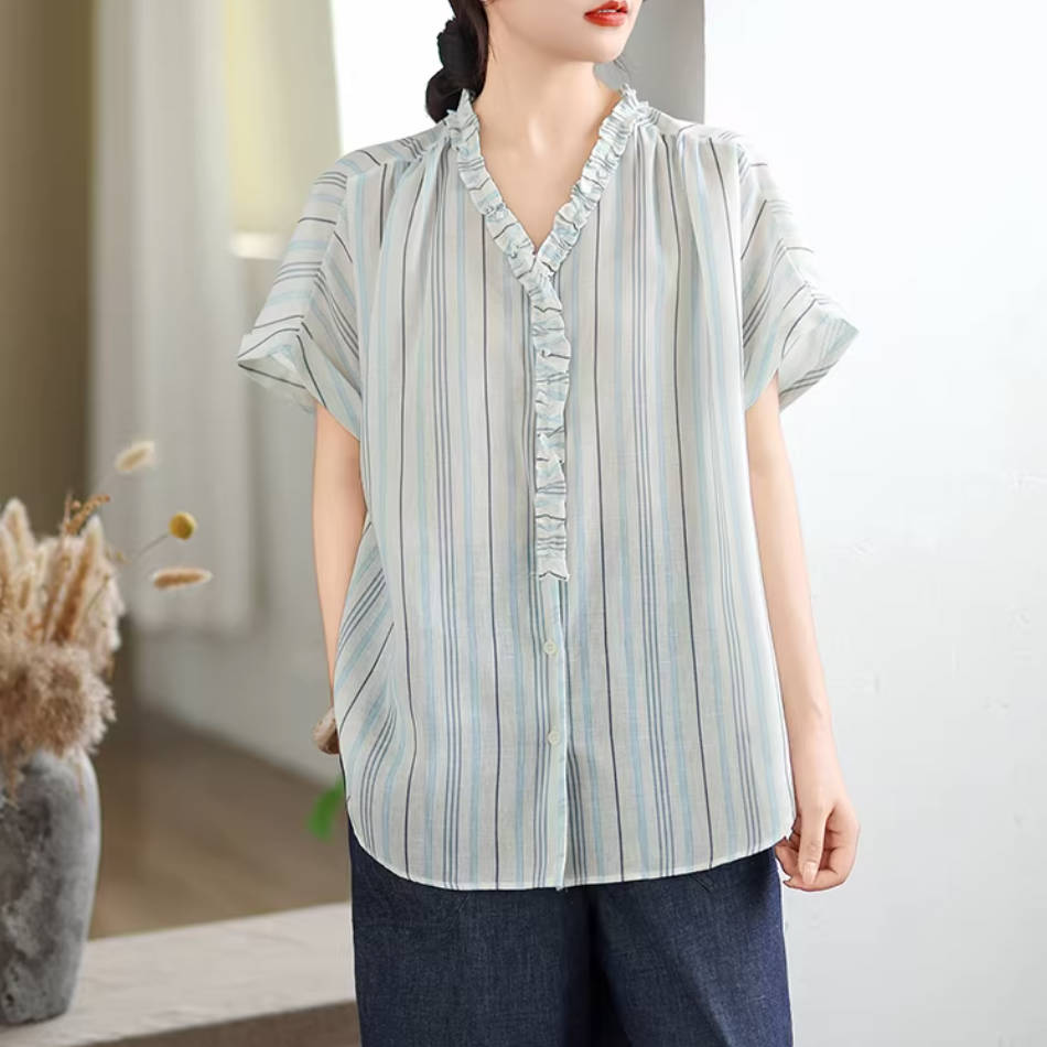 Stylish Linen Ruffled V-Neck Striped Blue Slim Thin Tops