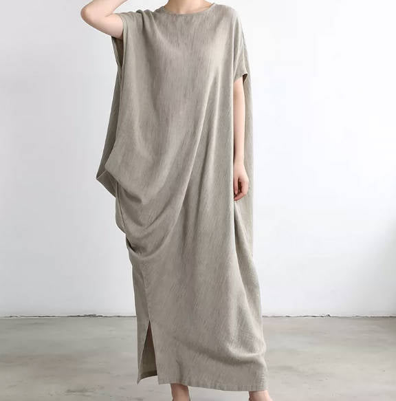 Vintage Irregular Linen Maxi Round Neck Batwing Sleevee Dress