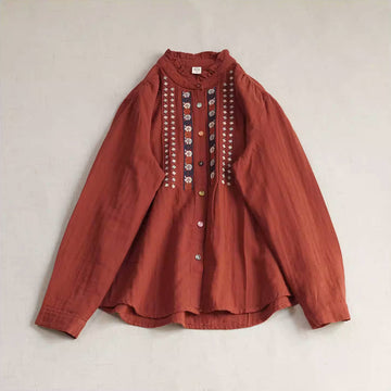 Retro Spring Cotton Embroidered Ruffled Neck Loose Casual Shirt