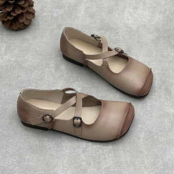 Retro Top Leather Casual Round Toe Crossing Straped Soft Sole Flats