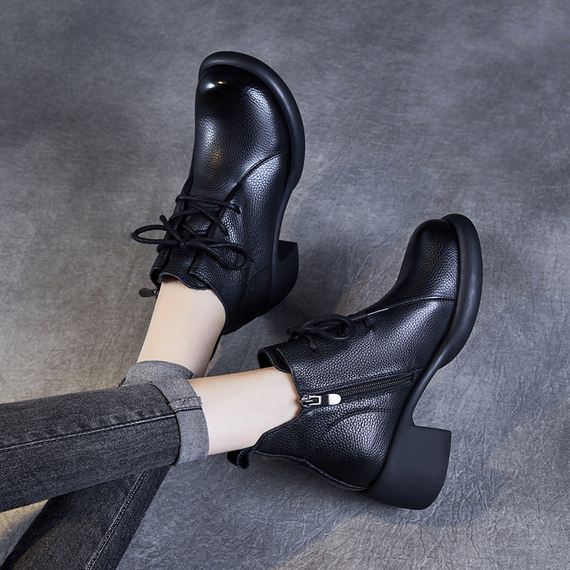 Retro Leather Chunky Elegant Lace-Up Zipper Ankle Boots