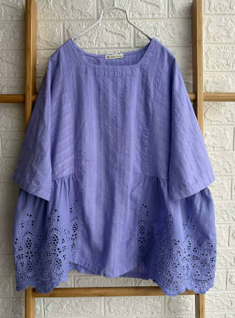 Women Spring Solid Color Hollow Out Patchwork Cotton Linen Top
