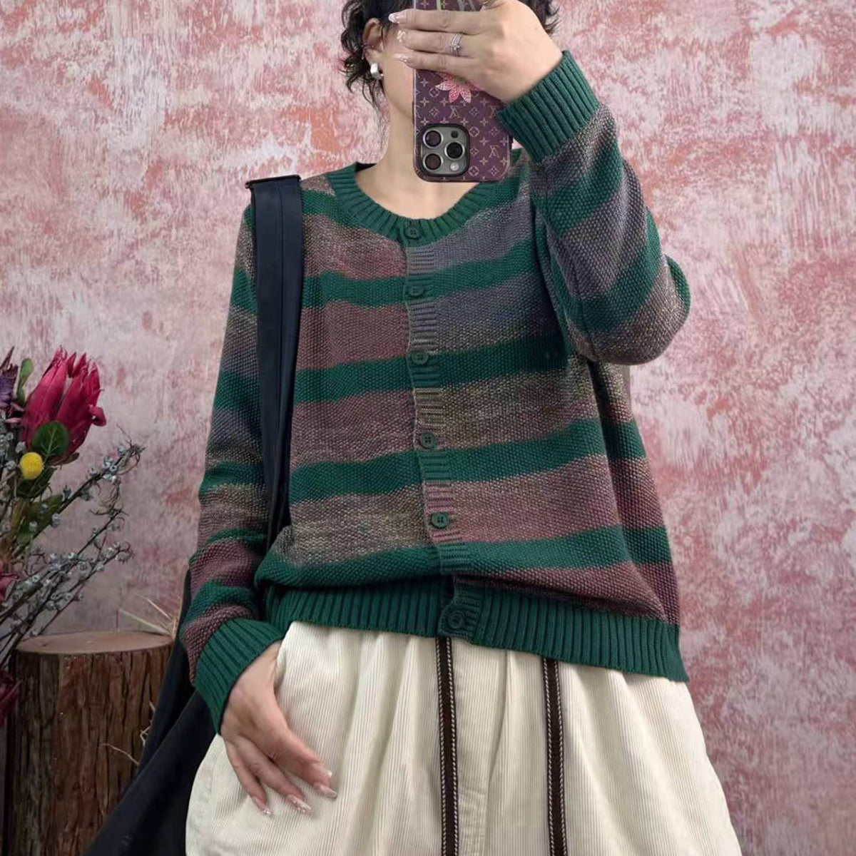 Cotton Patchwork Round Neck Striped Casual Long Sleeves Cardigan
