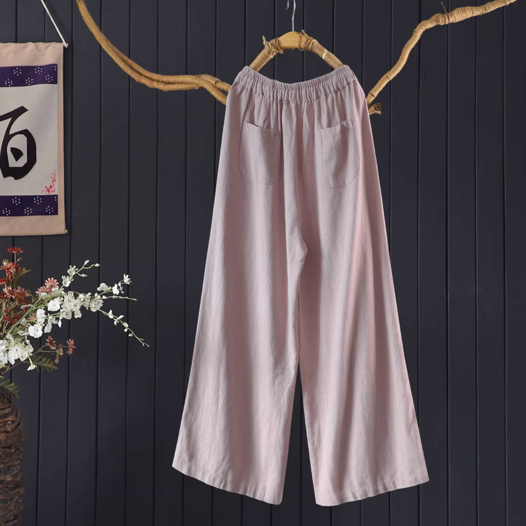 Spring Ramie Cotton Solid Color Elastic Waist Casual Loose Soft Pants