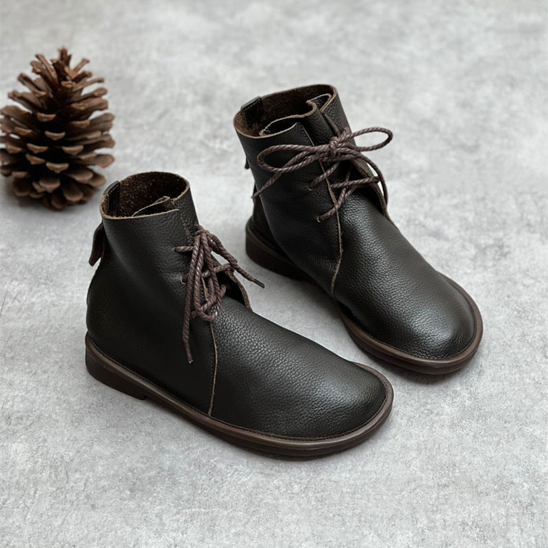 Vintage Leather Soft Sole Comfy Lace-Up Flat Ankle Boots